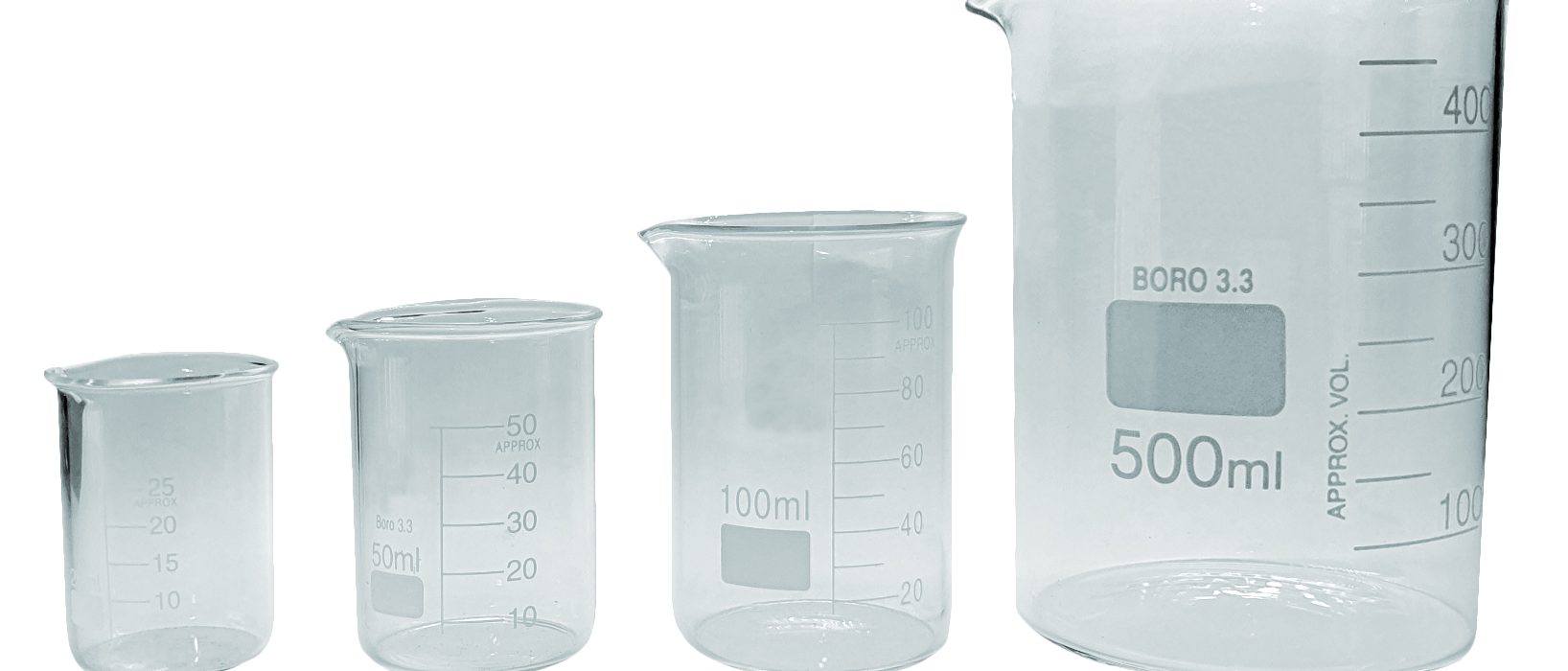 Multiple clear glass beakers